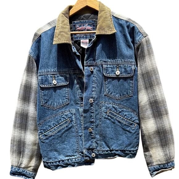 Breaker Blue Jeans Denim & tan plaid Jacket quilt lined Size Mens Medium - Picture 1 of 7